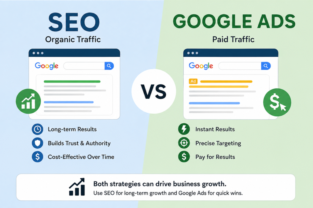 Comparison of SEO vs Google Ads showing the best digital marketing strategy for business growth and lead generation.